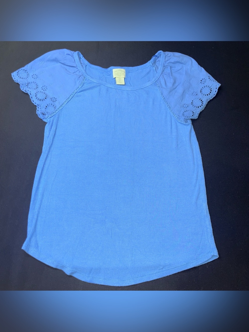 Light Blue Women's Ribbed Top with Eyelet Puff Sleeves Size small